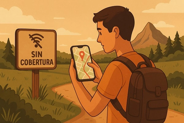 Joven usando GPS offline en su celular mientras camina por una zona rural con un cartel de “Sin Cobertura” y montañas al fondo.